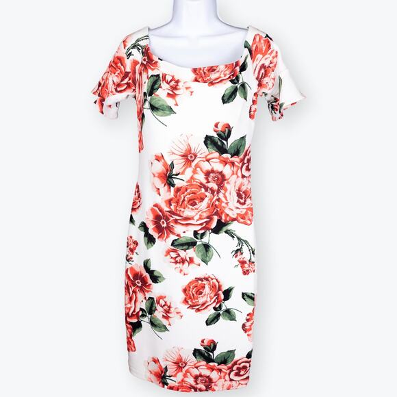 Bisou Bisou White Pink Rose Flroal Sheath Dress 8 - Picture 1 of 6